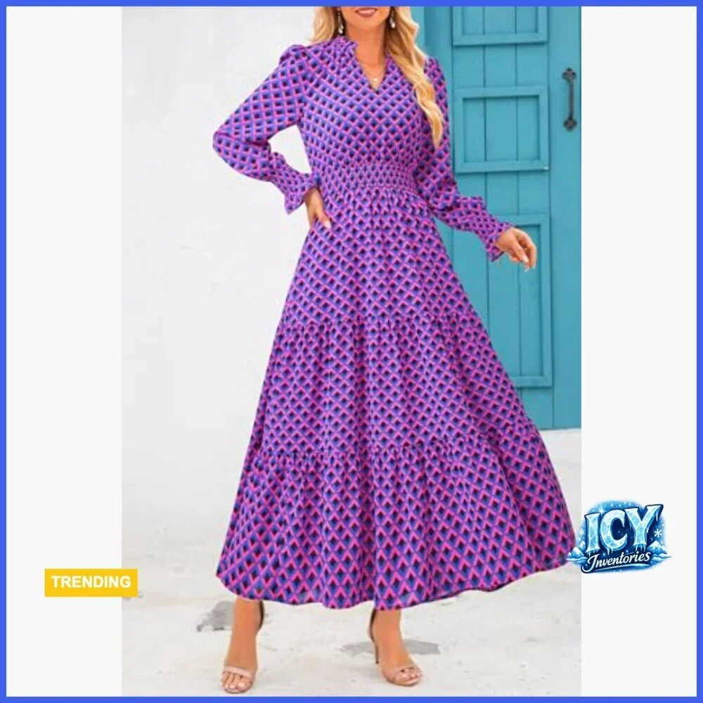 Long Sleeve Maxi Dress with Pockets, V Neck, Flowy Boho Style